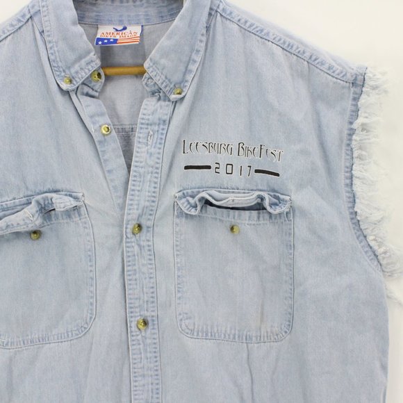 Vintage American Biker Image Men's Sleeveless Button Up Denim Shirt Size L - Picture 4 of 9